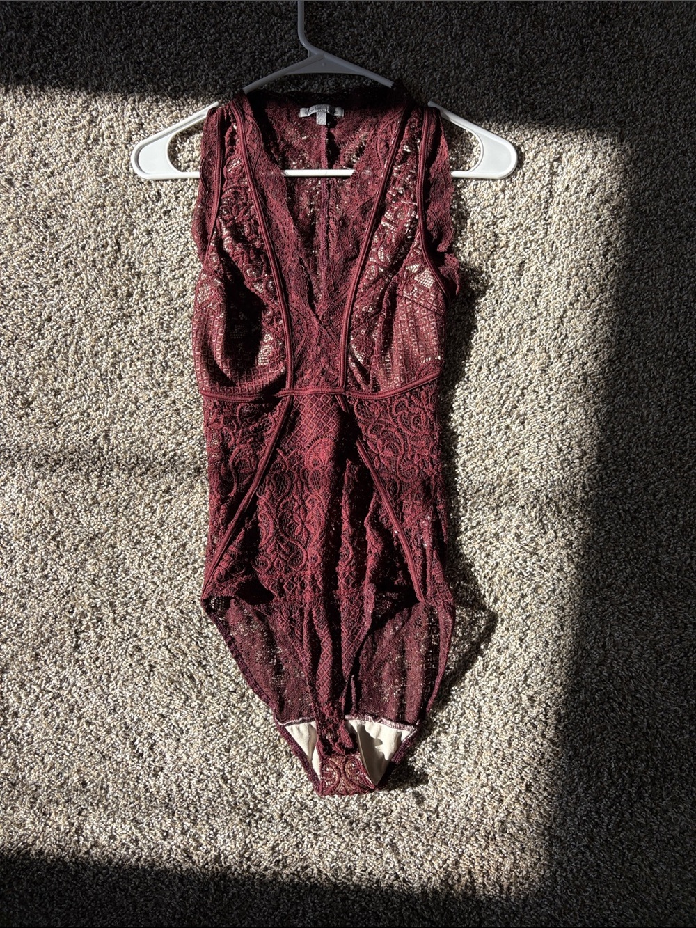 Charlotte Russe Burgundy Lace Plunge Bodysuit